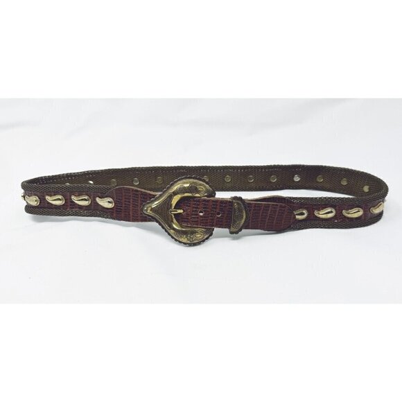 Neiman Marcus Metal Chain Gold Tone Mesh Brown Leather Belt Paisley Studded Sz 6 - Picture 2 of 12